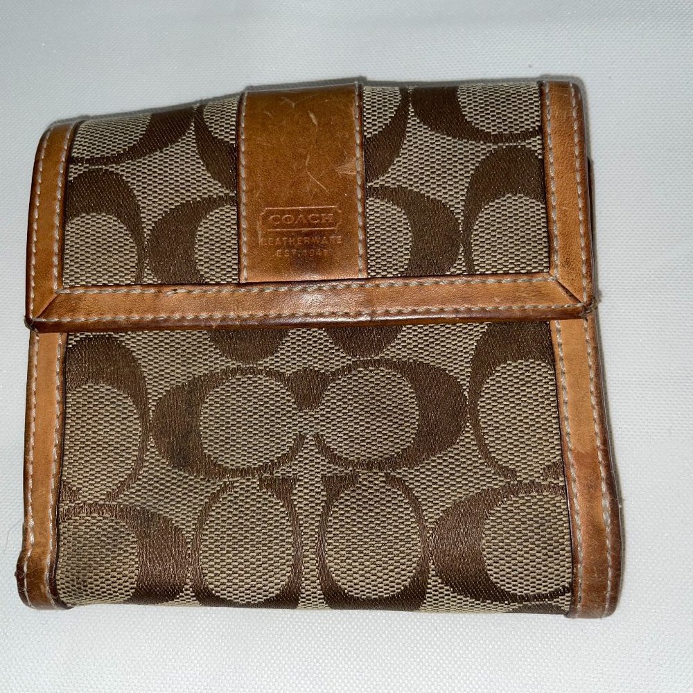 COACH WALLET Leather Jacquard Brown Tan Bifold ID Credit card Holder AUTHENTIC